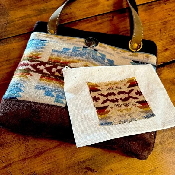 Pendleton Wool and Suede Purse Brown and Blue. hand made by Starry Gardens. - Picture 3 of 9